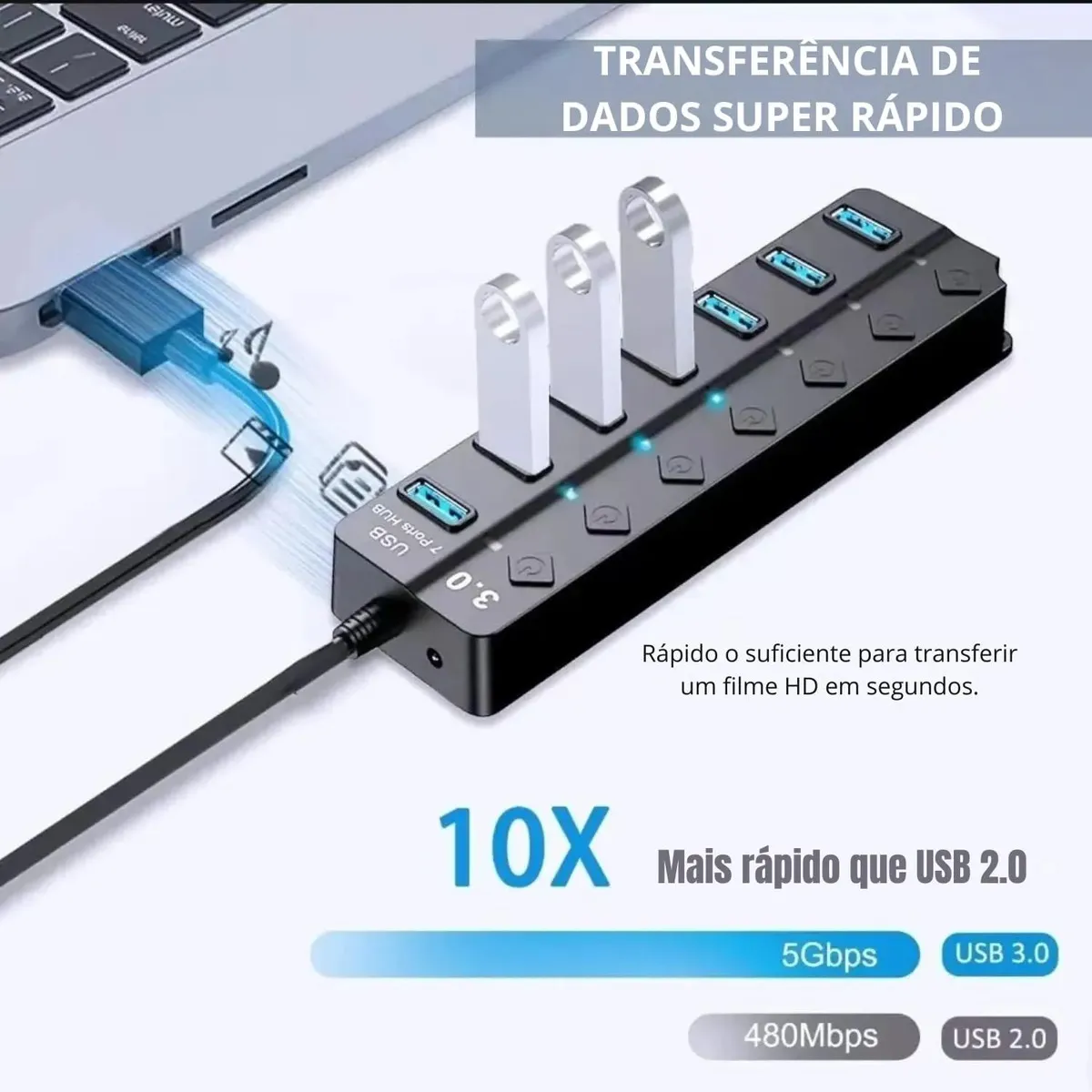 Hub Usb 3.0 7 Portas Entradas Alta Velocidade 5gbps Com Led E Botões Individuais Plug And Play Compatível Com Notebook Pc Tv Console Impressora Mouse E Teclado Pen Drive Cooler Premium Eletric Teck - Imagem 3