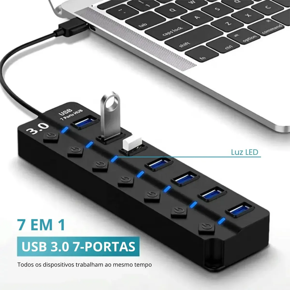 Hub Usb 3.0 7 Portas Entradas Alta Velocidade 5gbps Com Led E Botões Individuais Plug And Play Compatível Com Notebook Pc Tv Console Impressora Mouse E Teclado Pen Drive Cooler Premium Eletric Teck - Imagem 2
